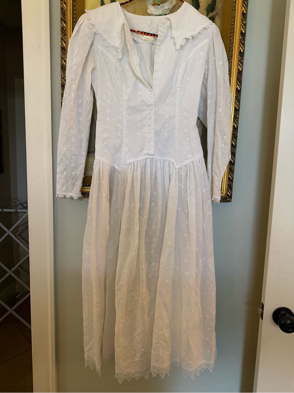 Gunne Sax White Eyelet Long-Sleeve Cotton Dress